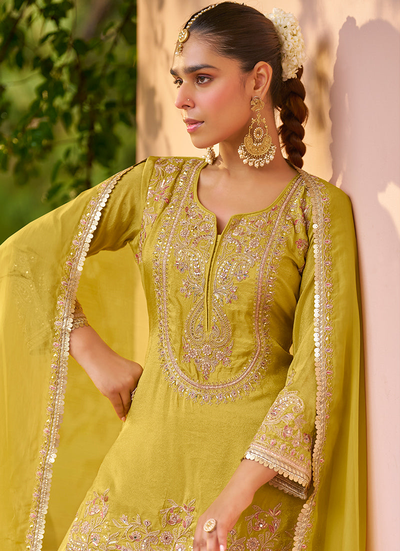 Olive Green Chinon Sequins Work  Wedding Wear Readymade Plazzo Suit SW458530