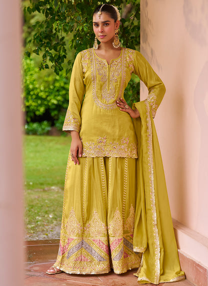 Olive Green Chinon Sequins Work  Wedding Wear Readymade Plazzo Suit SW458530