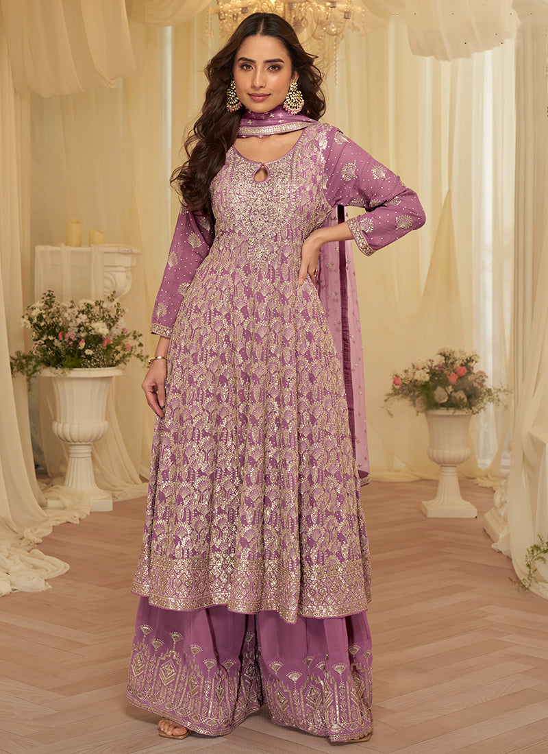 Lavender Georgette Embroidery Work Wedding Wear Readymade Plazzo Suit SW275765