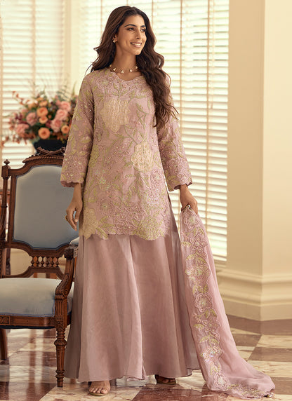 Onion Shimmer Silk Hand Work Party Wear Readymade Plazzo Suit SW299360