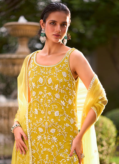 Yellow Georgette Thread Work Wedding Wear Readymade Plazzo Suit SW406023
