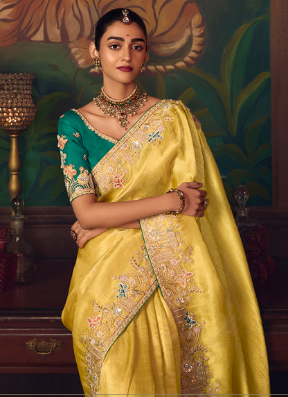 Silk Mustard Wedding Wear Embroidery Work Saree 386913