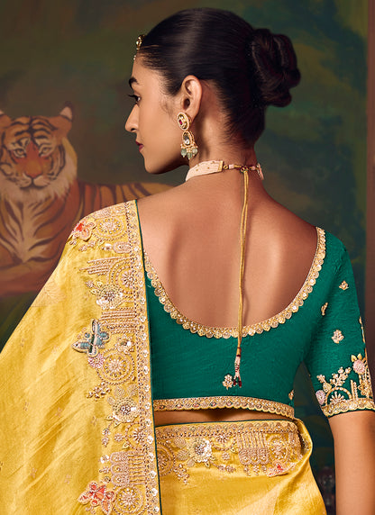 Silk Mustard Wedding Wear Embroidery Work Saree 386913