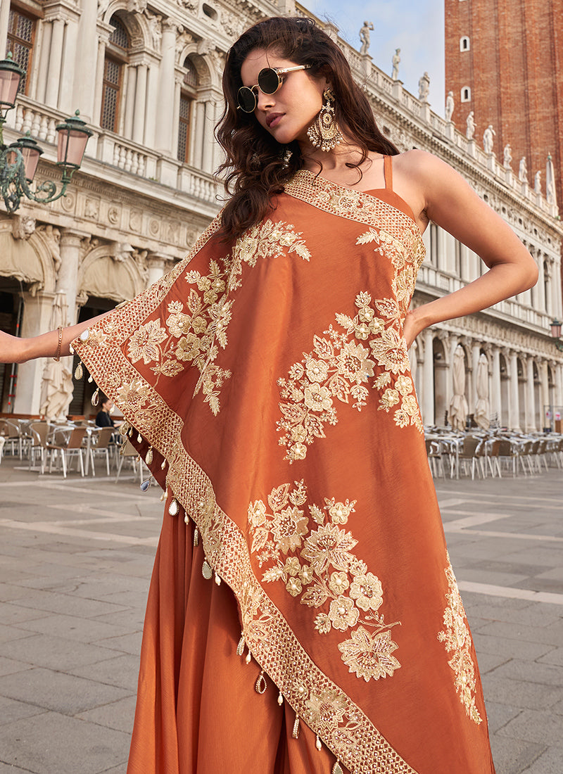Crepe Rust Orange Party Wear Embroidery Work Readymade Indo-Western Suit 387066