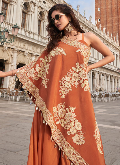 Crepe Rust Orange Party Wear Embroidery Work Readymade Indo-Western Suit 387066