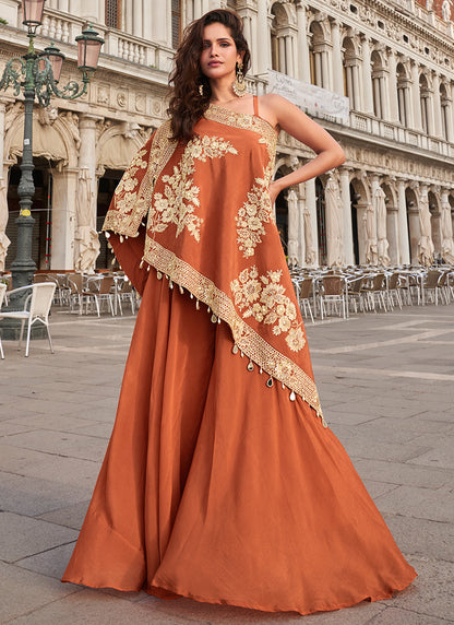 Crepe Rust Orange Party Wear Embroidery Work Readymade Indo-Western Suit 387066