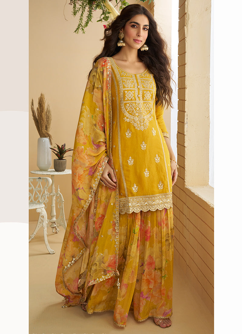 Chinon Mustard Wedding Wear Sequins Work Readymade Plazzo Suit 386995