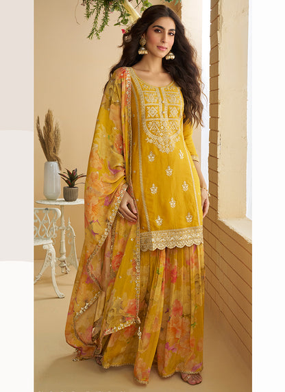 Chinon Mustard Wedding Wear Sequins Work Readymade Plazzo Suit 386995