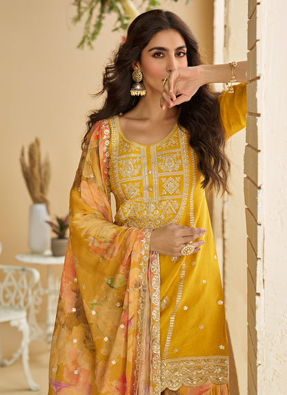 Chinon Mustard Wedding Wear Sequins Work Readymade Plazzo Suit 386995