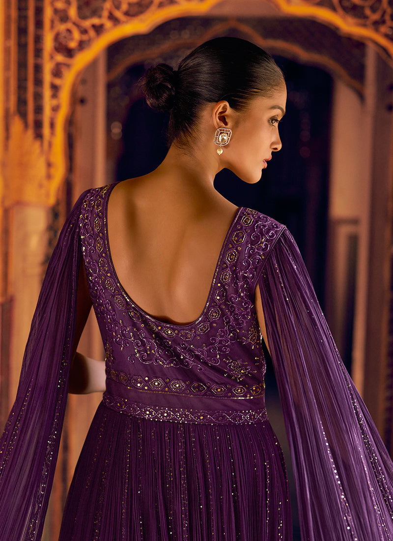 Purple  Jaquard Silk Sequins Work  Party Wear Readymade Gown SW544590