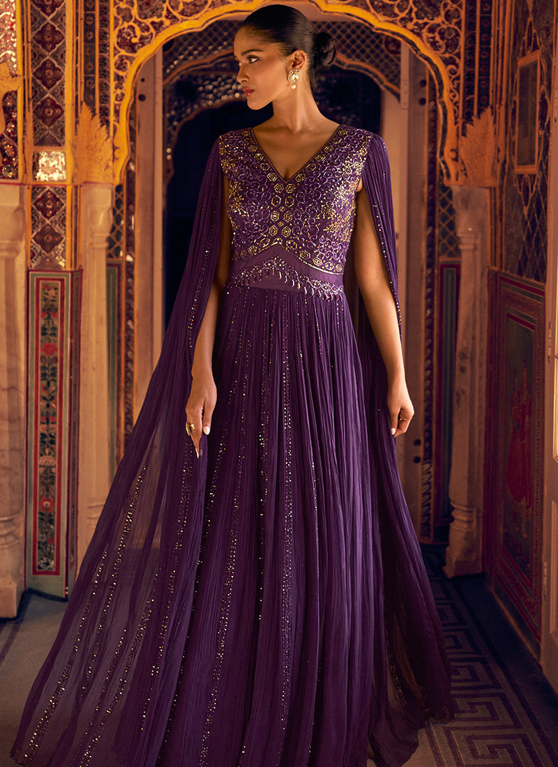 Purple  Jaquard Silk Sequins Work  Party Wear Readymade Gown SW544590
