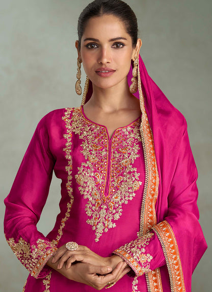 Chinnon Hot Pink Wedding Wear Embroidery Work Readymade Sharara Suit 385698