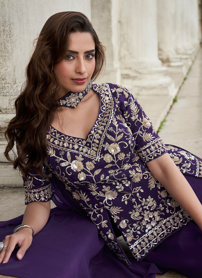 Organza Purple Party Wear Embroidery Work Readymade Plazzo Suit 386337