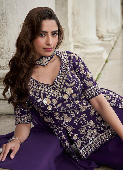 Organza Purple Party Wear Embroidery Work Readymade Plazzo Suit 386337