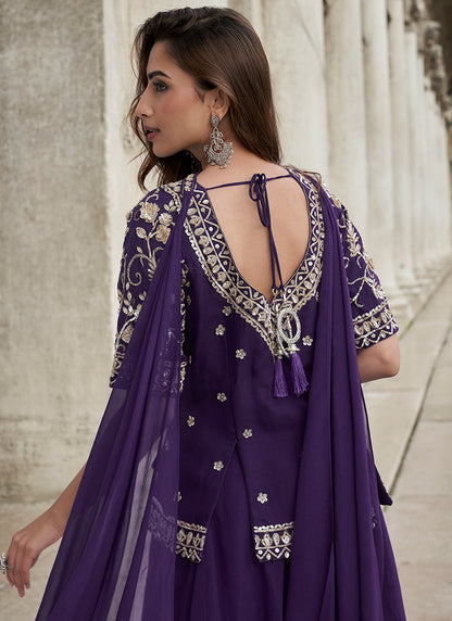 Organza Purple Party Wear Embroidery Work Readymade Plazzo Suit 386337