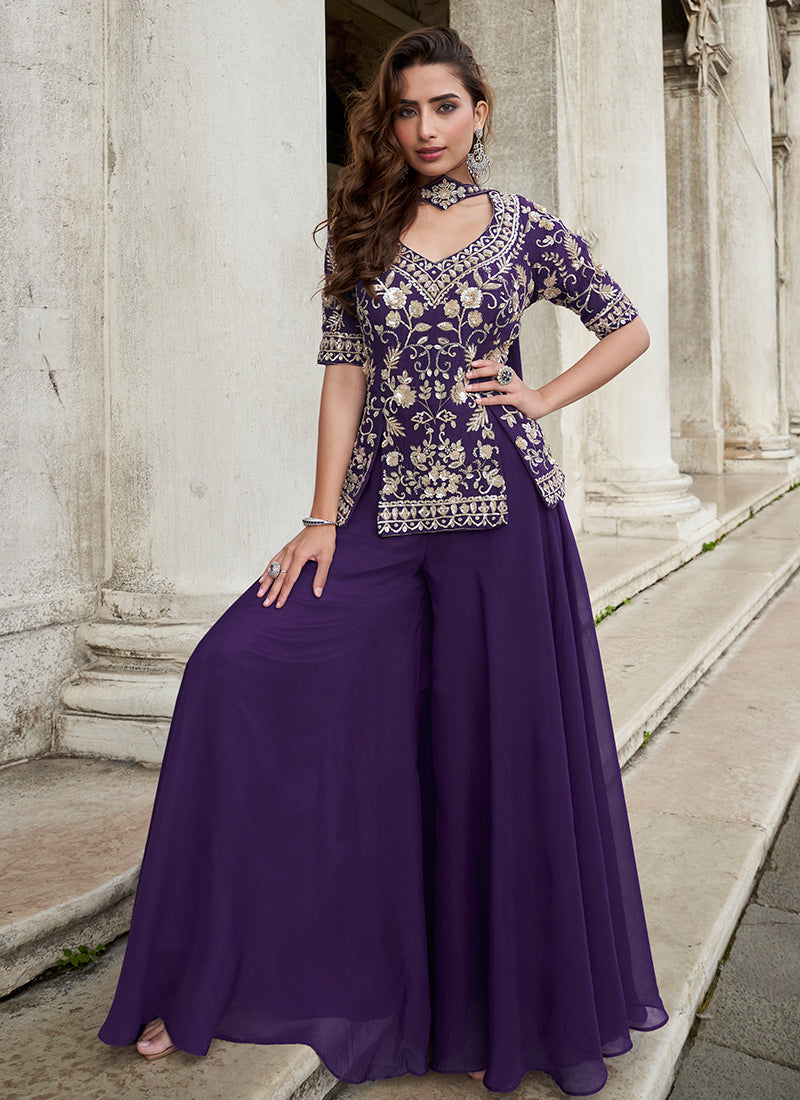 Organza Purple Party Wear Embroidery Work Readymade Plazzo Suit 386337
