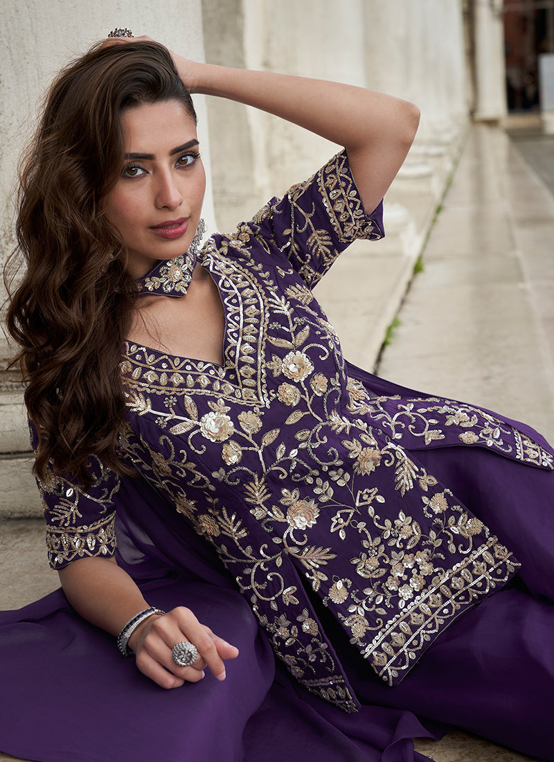 Organza Purple Party Wear Embroidery Work Readymade Plazzo Suit 386337