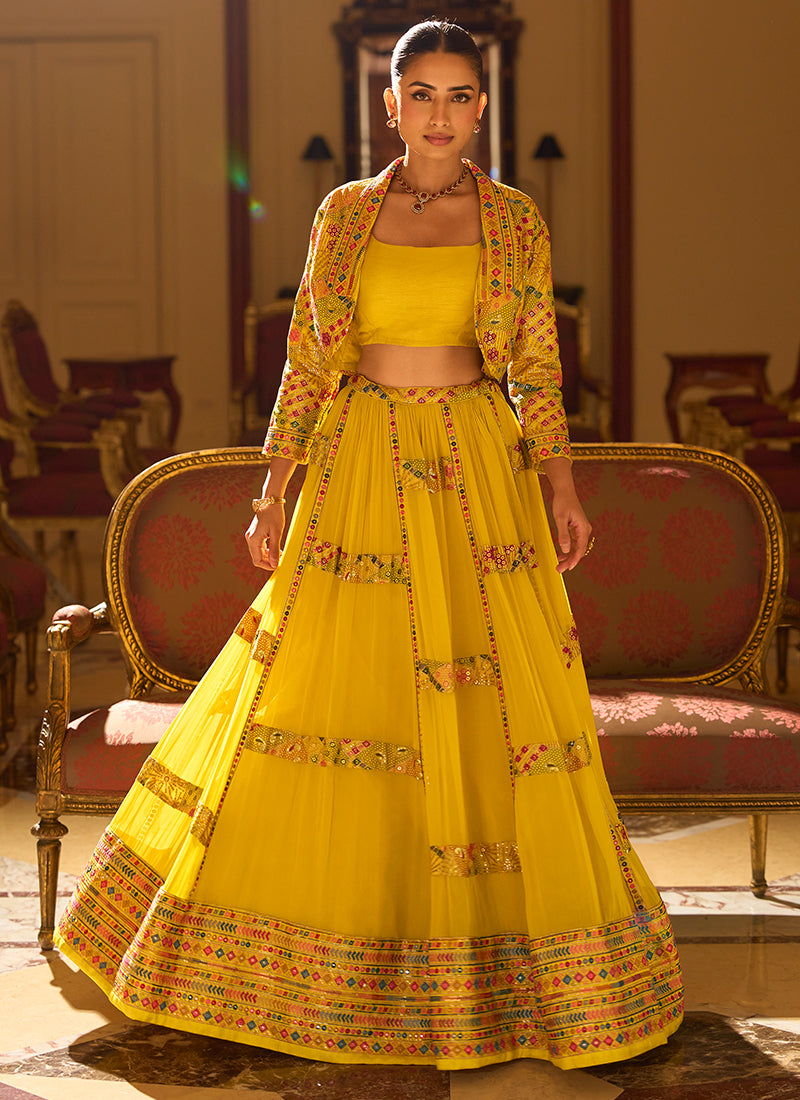 Georgette Mustard Occasional Wear Sequins Work Readymade Shrug With Blouse And Lehenga 386890