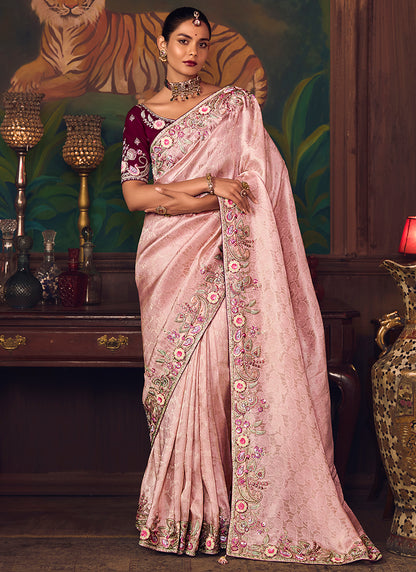 Silk Light Pink Wedding Wear Embroidery Work Saree 386914