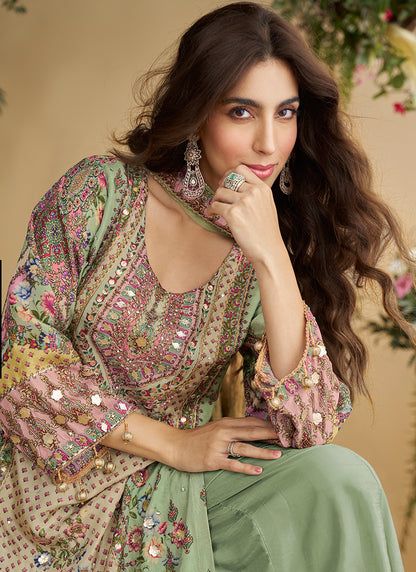 Crepe Silk Multi Color Wedding Wear Sequins Work Readymade Plazzo Suit 387002