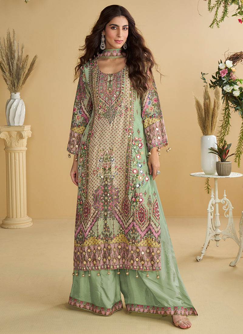 Crepe Silk Multi Color Wedding Wear Sequins Work Readymade Plazzo Suit 387002