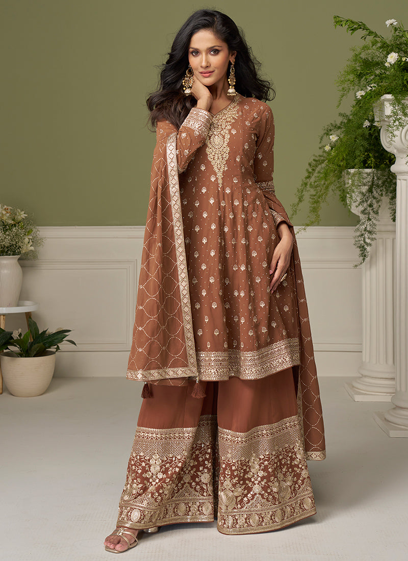 Rust Brown Georgette Sequins Work Wedding Wear Readymade Plazzo Suit SW161974