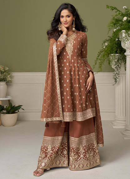 Rust Brown Georgette Sequins Work Wedding Wear Readymade Plazzo Suit SW161974