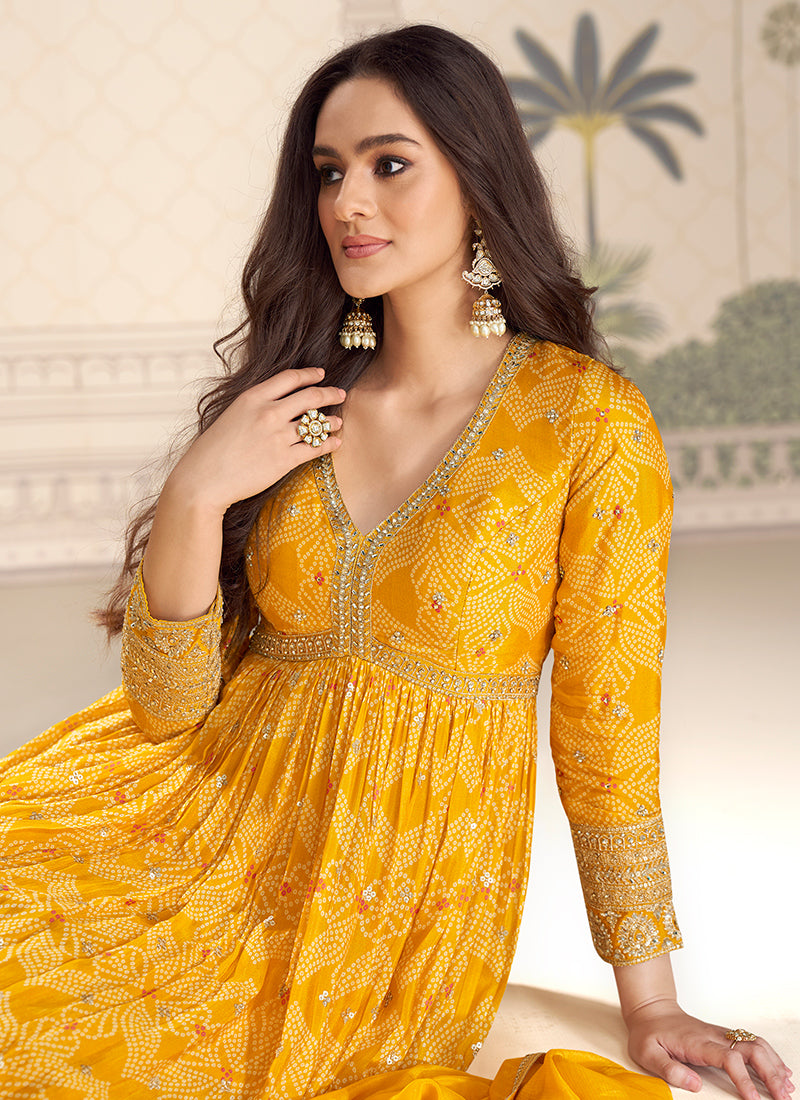 Yellow Silk Printed Work Wedding Wear Readymade Anarkali Suit SW178558