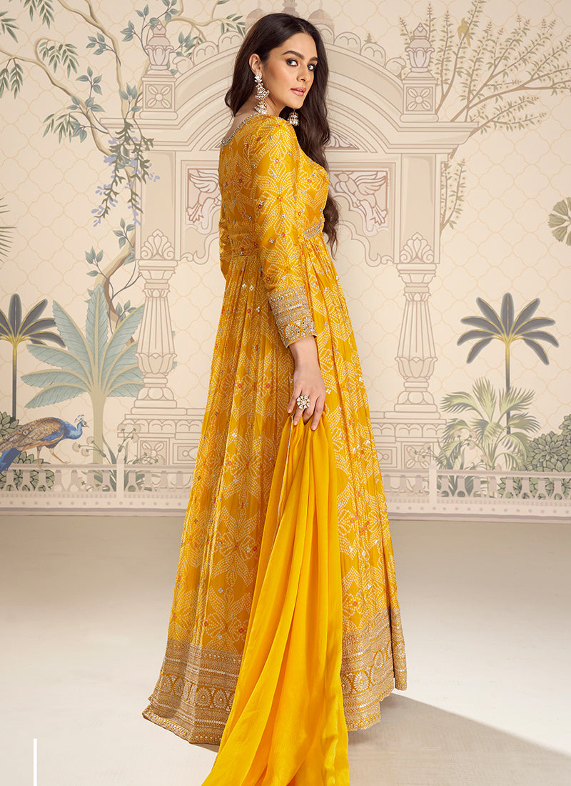 Yellow Silk Printed Work Wedding Wear Readymade Anarkali Suit SW178558
