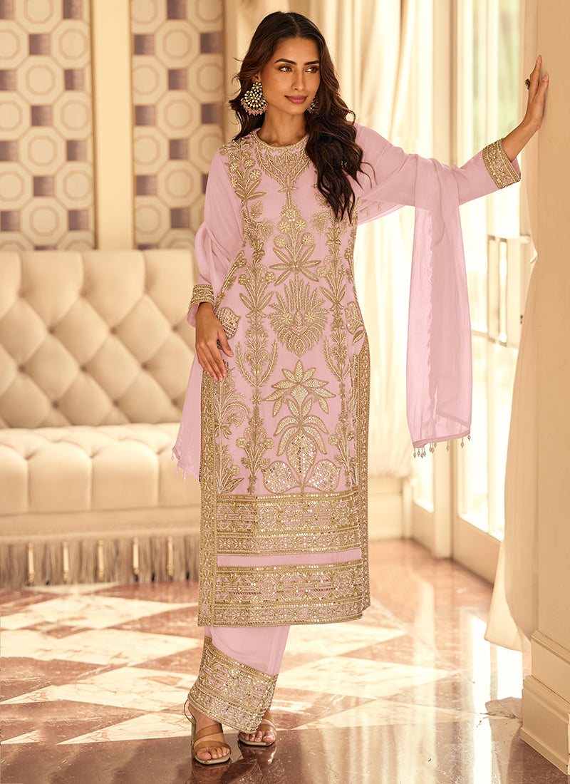 Baby Pink Georgette Zari Work Party Wear Readymade Salwar Suit SW165545