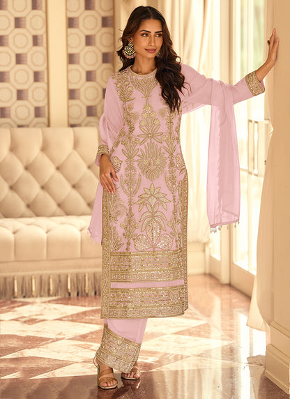 Baby Pink Georgette Zari Work Party Wear Readymade Salwar Suit SW165545