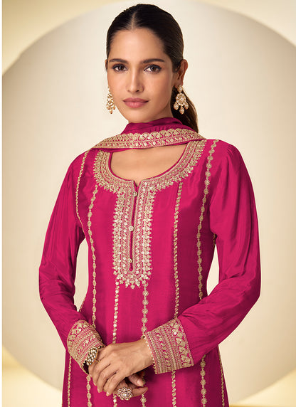 Hot Pink Chinon Sequins Work  Wedding Wear Readymade Plazzo Suit SW420777