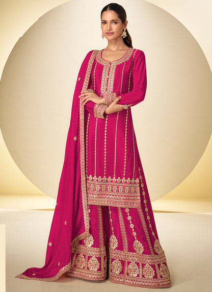 Hot Pink Chinon Sequins Work  Wedding Wear Readymade Plazzo Suit SW420777