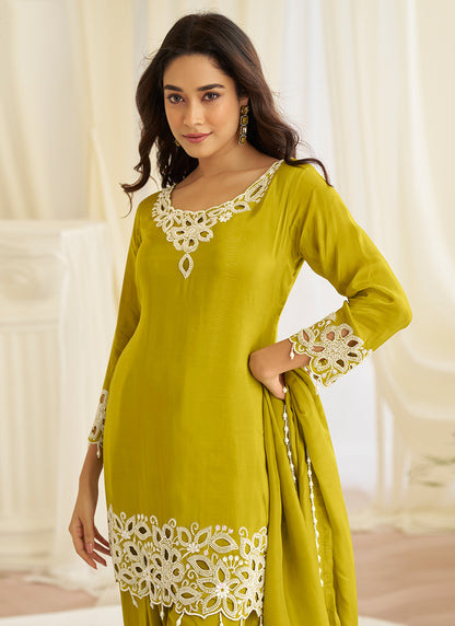 Olive Green Silk Embroidery Work Occasional Wear Readymade Plazzo Suit SW345131