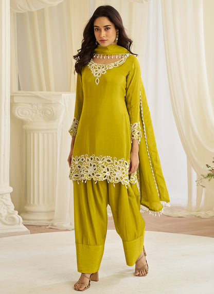 Olive Green Silk Embroidery Work Occasional Wear Readymade Plazzo Suit SW345131