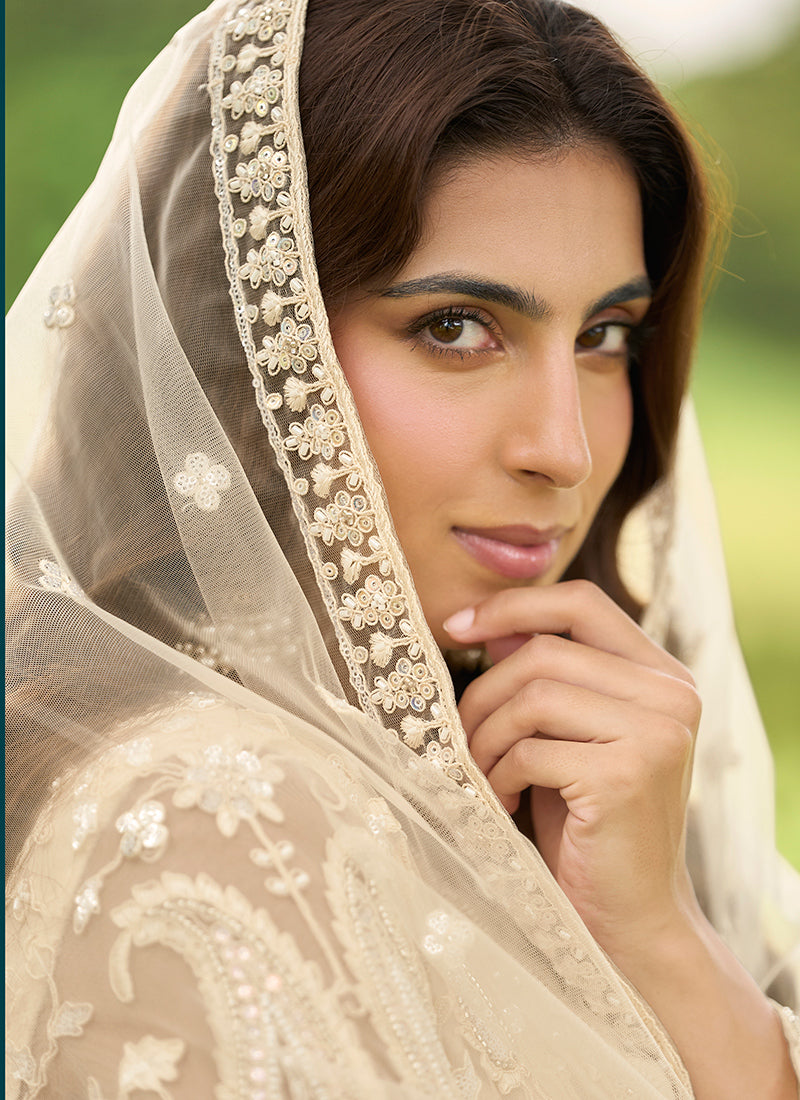 Cream Net Embroidery Work Eid Wear Readymade Plazzo Suit SW350253