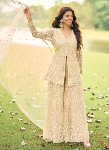 Cream Net Embroidery Work Eid Wear Readymade Plazzo Suit SW350253
