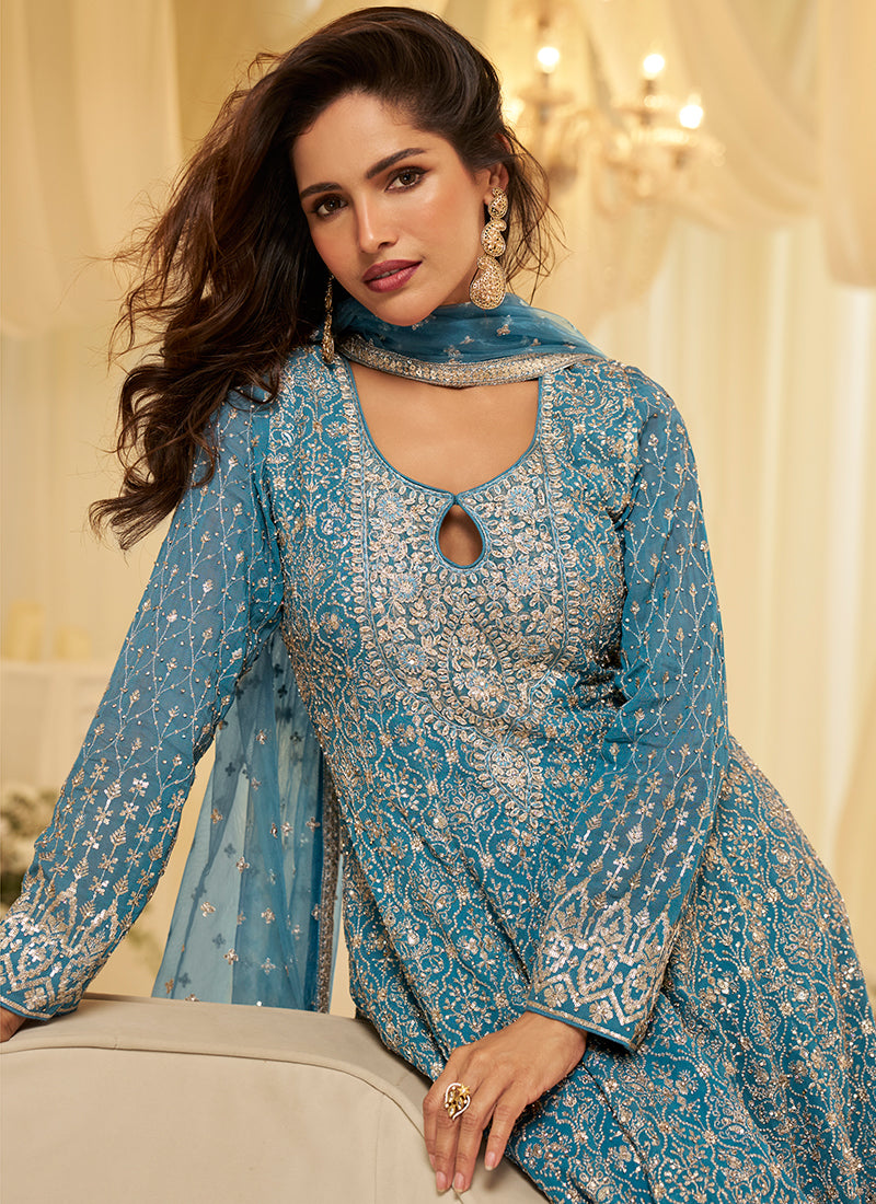 Blue Georgette Embroidery Work Wedding Wear Readymade Plazzo Suit SW688748