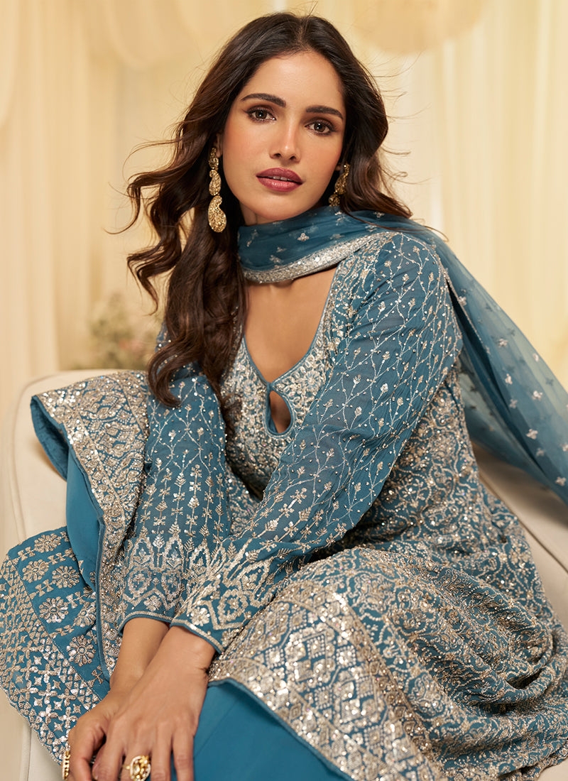 Blue Georgette Embroidery Work Wedding Wear Readymade Plazzo Suit SW688748