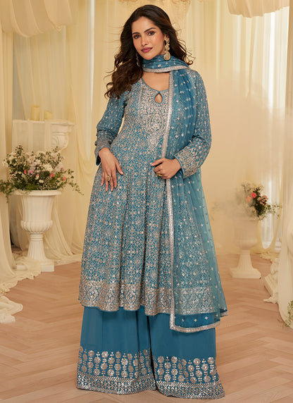 Blue Georgette Embroidery Work Wedding Wear Readymade Plazzo Suit SW688748