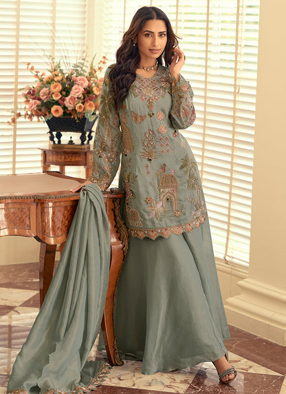 Sage Green Shimmer Silk Hand Work Party Wear Readymade Plazzo Suit SW314648