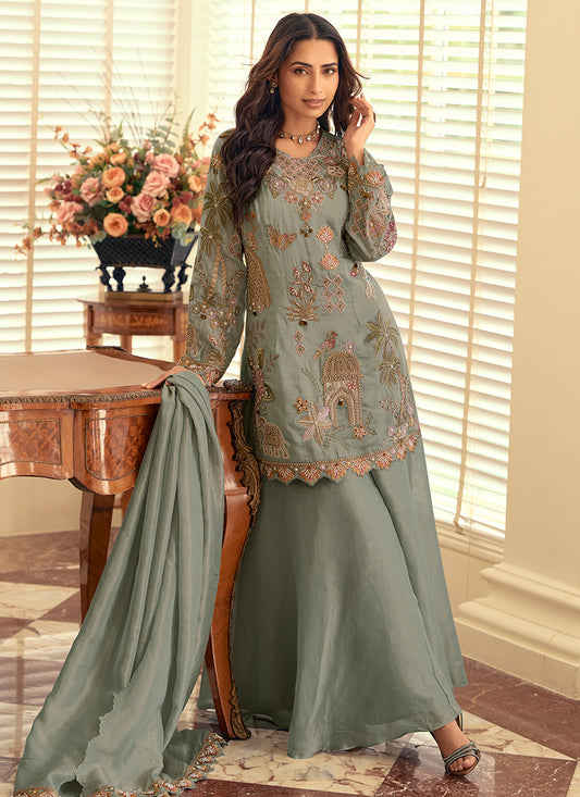 Sage Green Shimmer Silk Hand Work Party Wear Readymade Plazzo Suit SW314648
