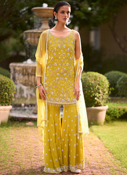 Yellow Georgette Thread Work Wedding Wear Readymade Plazzo Suit SW406023
