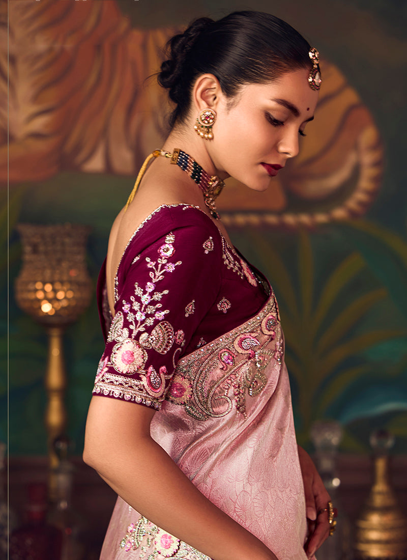 Silk Light Pink Wedding Wear Embroidery Work Saree 386914