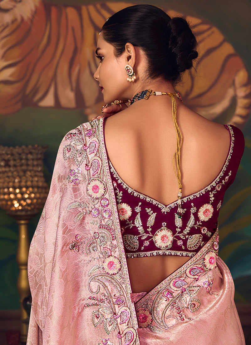 Silk Light Pink Wedding Wear Embroidery Work Saree 386914