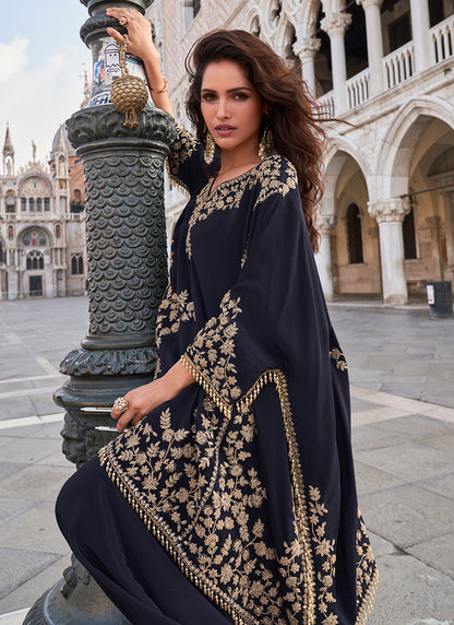 Crepe Navy Blue Party Wear Embroidery Work Readymade Indo-Western Suit 387067