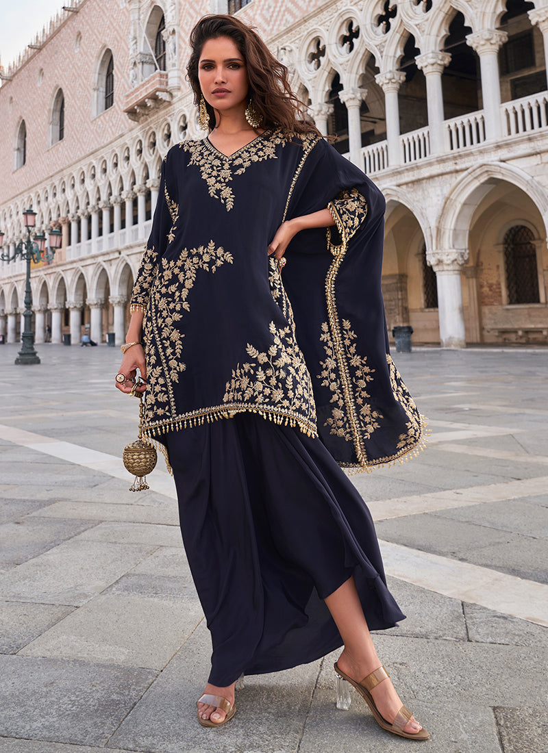 Crepe Navy Blue Party Wear Embroidery Work Readymade Indo-Western Suit 387067
