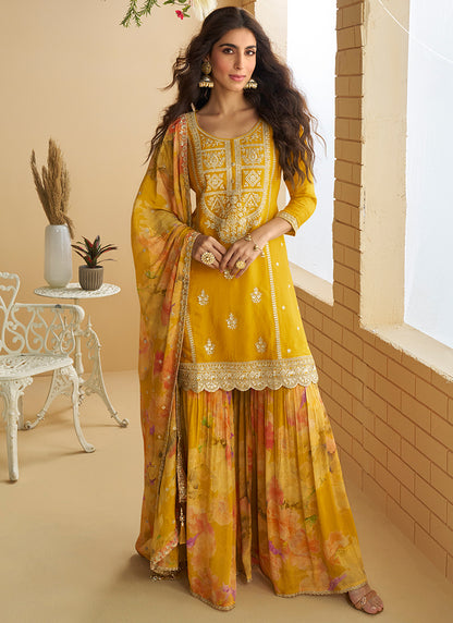 Chinon Mustard Wedding Wear Sequins Work Readymade Plazzo Suit 386995