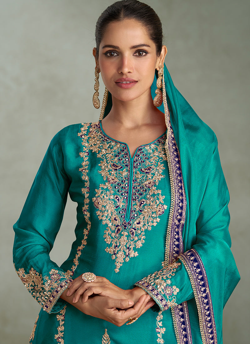Chinnon Teal Green Wedding Wear Embroidery Work Readymade Sharara Suit 385699