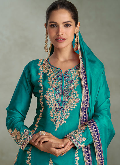 Chinnon Teal Green Wedding Wear Embroidery Work Readymade Sharara Suit 385699